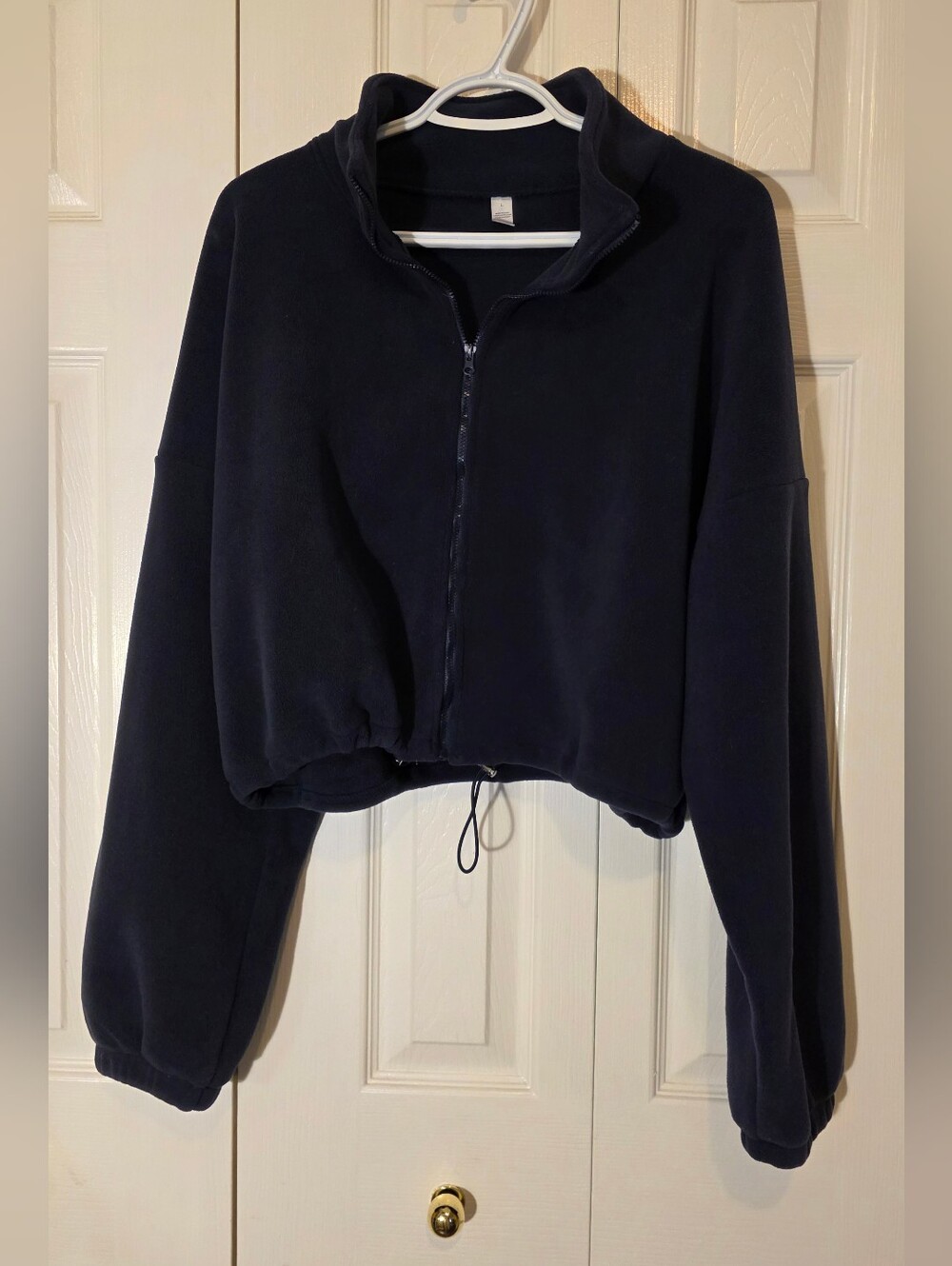 Navy Zip-Front Fleece Crop Jacket Large